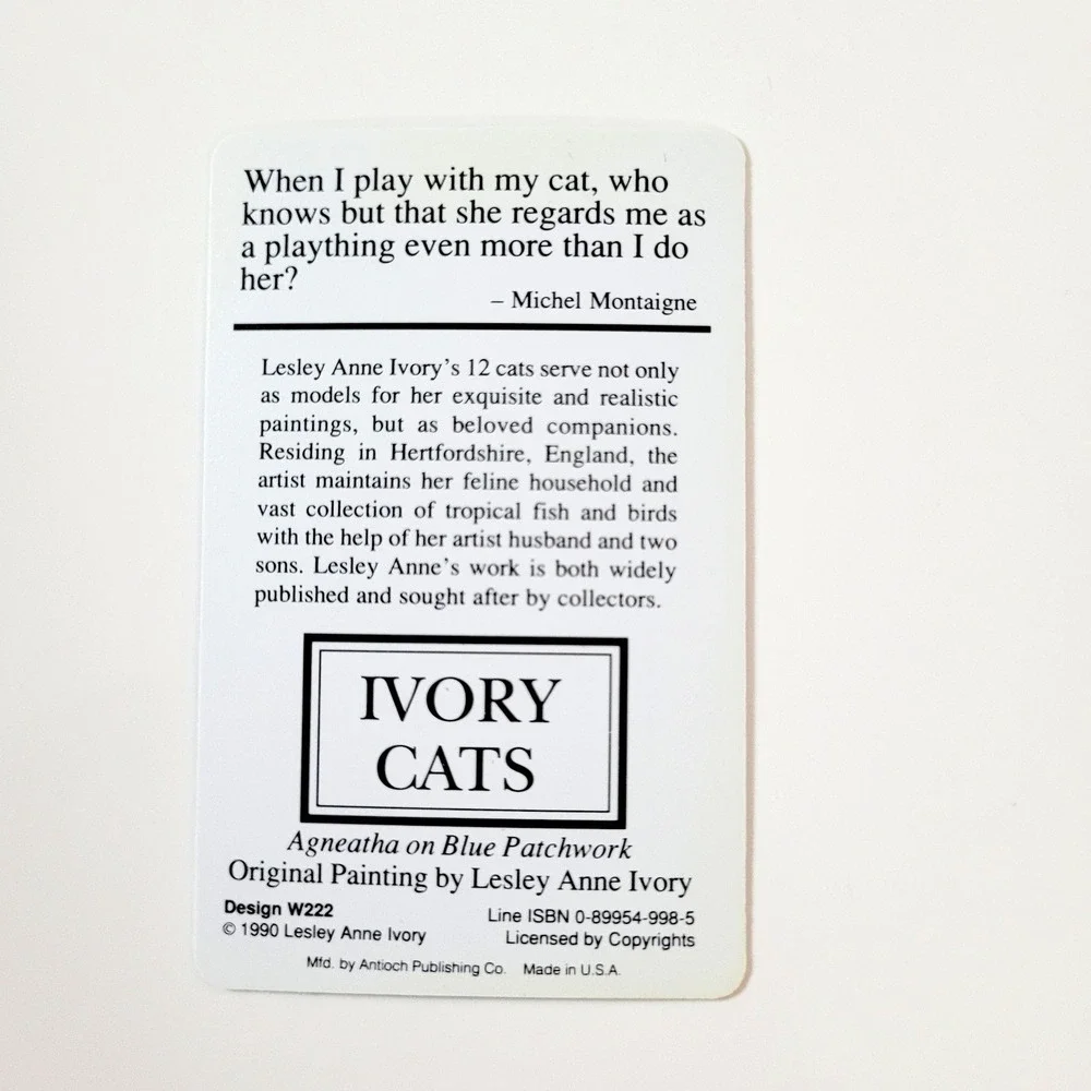 VTG 90s Lesley Ivory Cats Card Bookmark- Agneatha Kitten Quilt 1990 Antioch W222